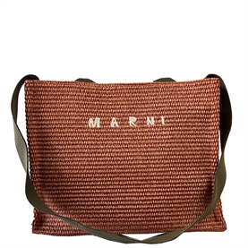 Marni Small Raffia Tote Bag, Brick/Olive 